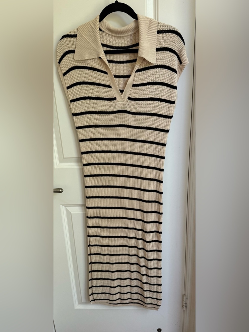 Striped Knit Polo Midi Dress in Cream and Black
